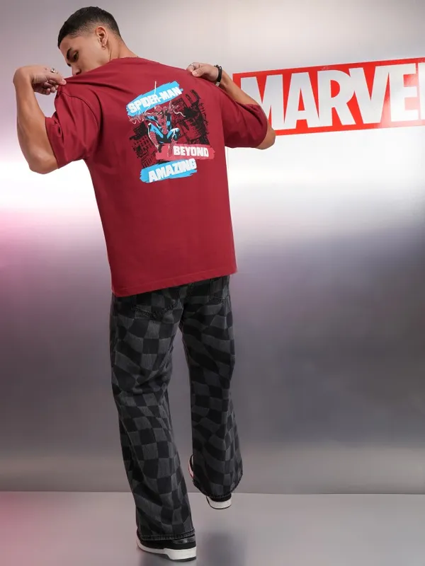Marvel By Highlander Maroon Spiderman Printed Oversized Fit T-Shirt