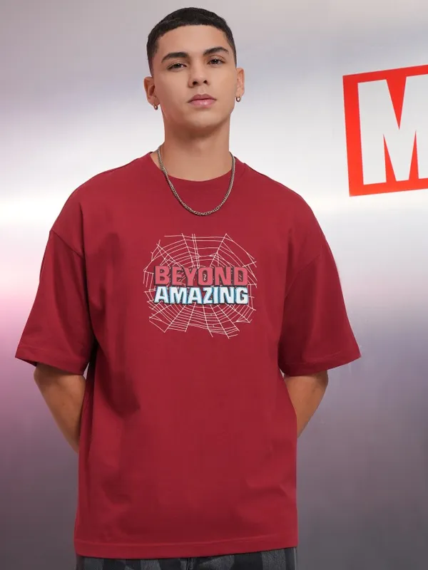 Marvel By Highlander Maroon Spiderman Printed Oversized Fit T-Shirt