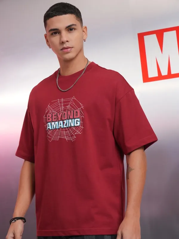 Marvel By Highlander Maroon Spiderman Printed Oversized Fit T-Shirt