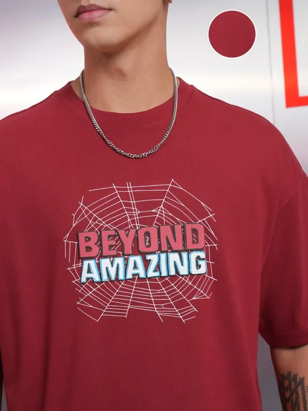 Marvel By Highlander Maroon Spiderman Printed Oversized Fit T-Shirt