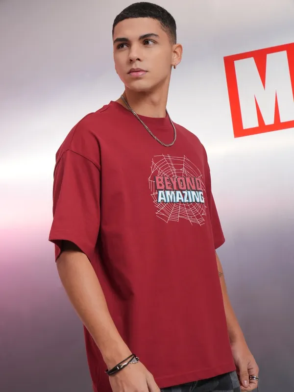 Marvel By Highlander Maroon Spiderman Printed Oversized Fit T-Shirt