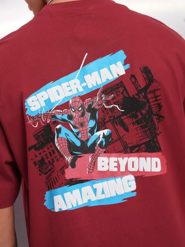 Marvel By Highlander Maroon Spiderman Printed Oversized Fit T-Shirt