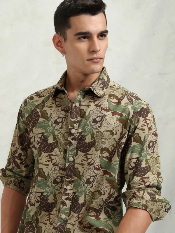 Highlander Men Khaki Printed Oversized Fit Casual Shirt