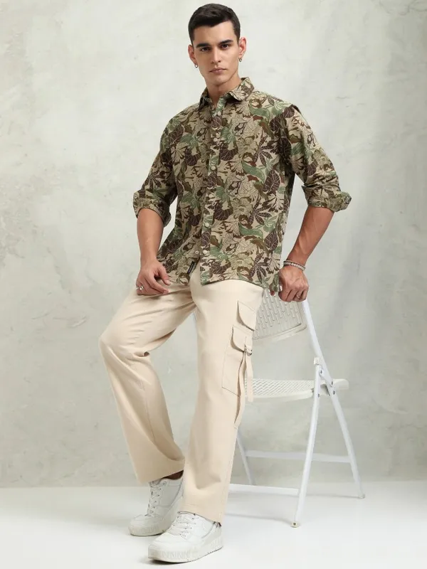 Highlander Men Khaki Printed Oversized Fit Casual Shirt