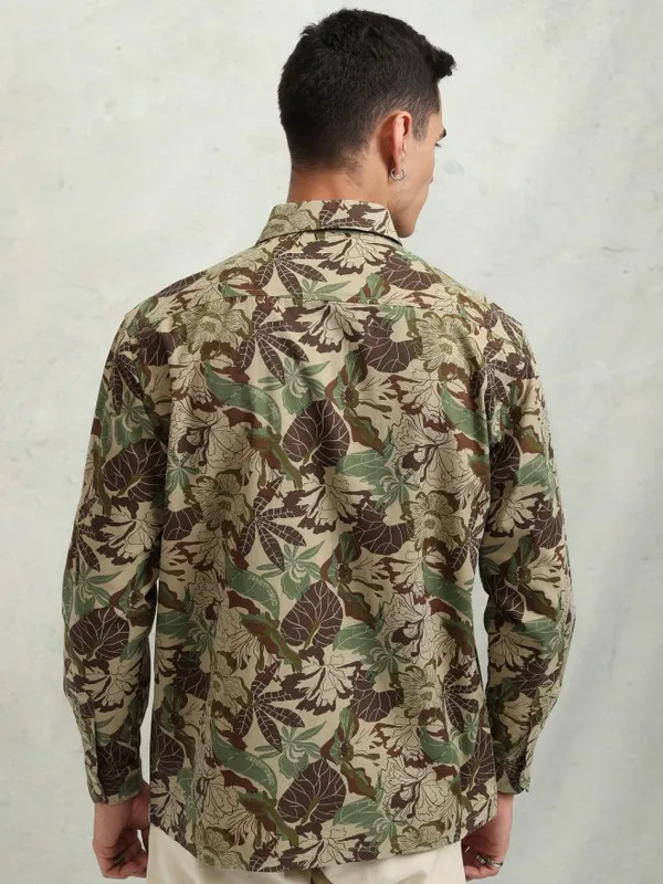 Highlander Men Khaki Printed Oversized Fit Casual Shirt