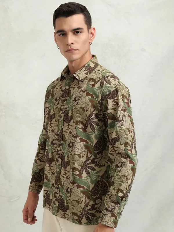 Highlander Men Khaki Printed Oversized Fit Casual Shirt