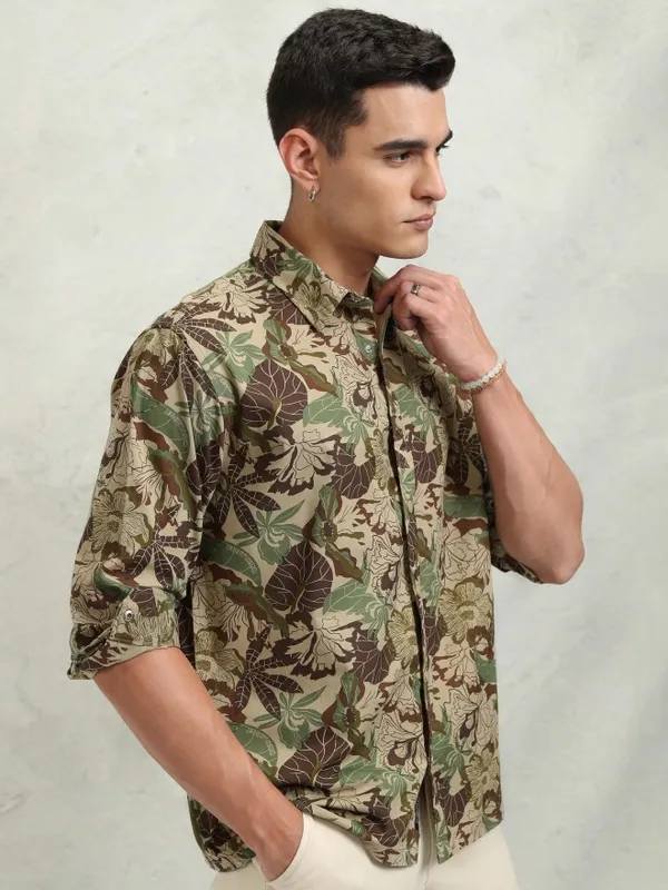 Highlander Men Khaki Printed Oversized Fit Casual Shirt