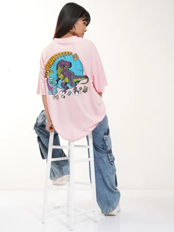 Tokyo Talkies Women Pink Printed Round Neck Oversized Fit T-Shirt