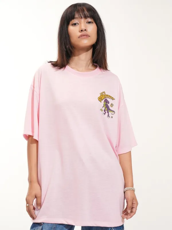 Tokyo Talkies Women Pink Printed Round Neck Oversized Fit T-Shirt