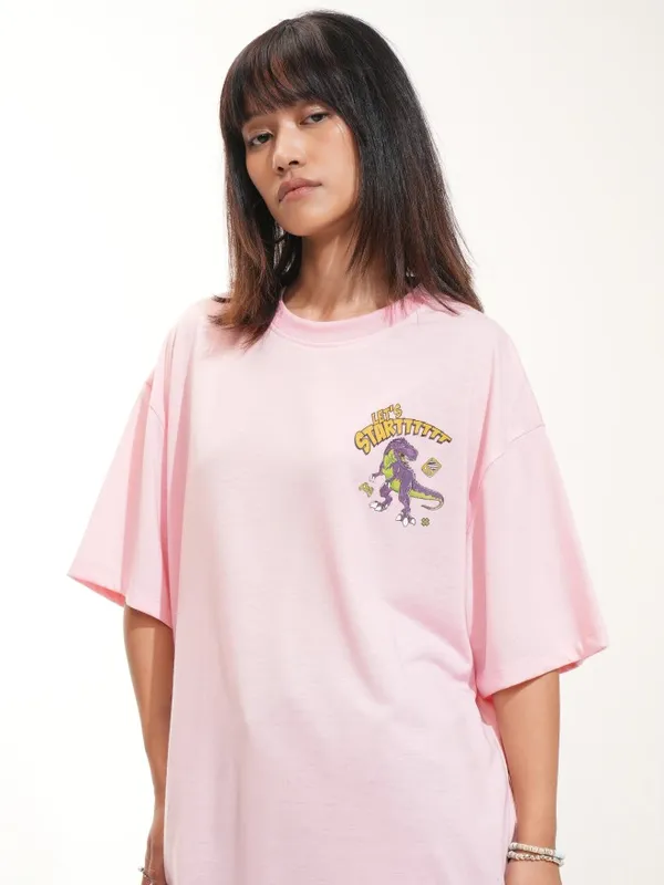 Tokyo Talkies Women Pink Printed Round Neck Oversized Fit T-Shirt