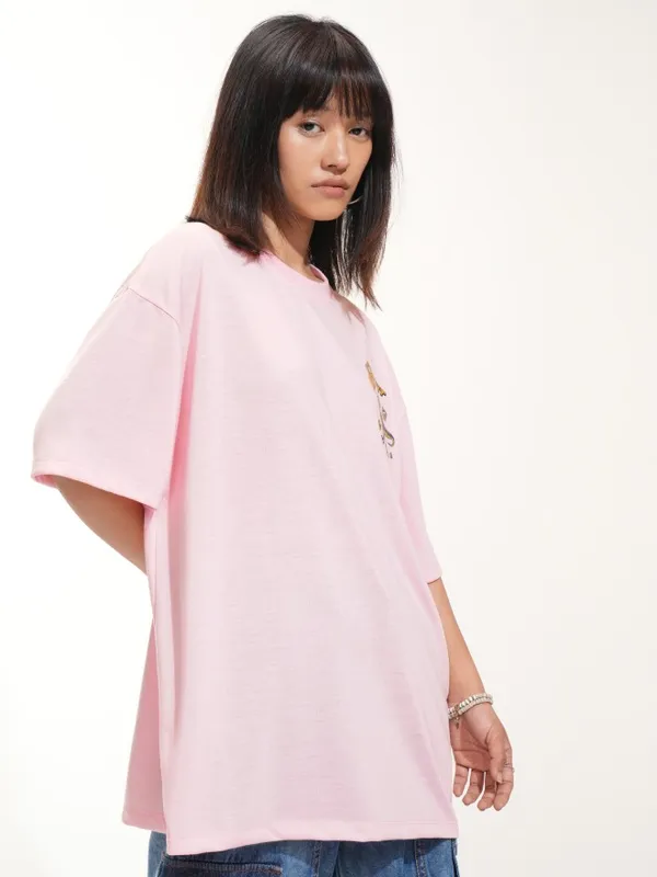 Tokyo Talkies Women Pink Printed Round Neck Oversized Fit T-Shirt
