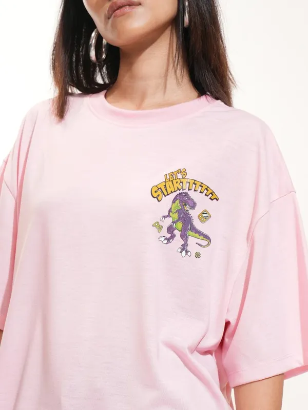 Tokyo Talkies Women Pink Printed Round Neck Oversized Fit T-Shirt