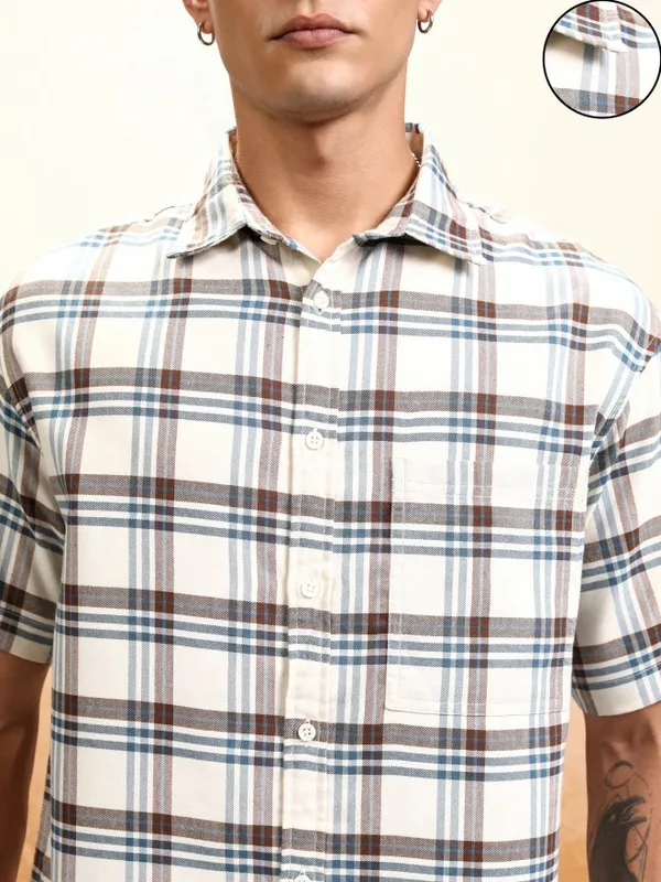 Highlander Men Cream Checked Oversized Fit Casual Shirt