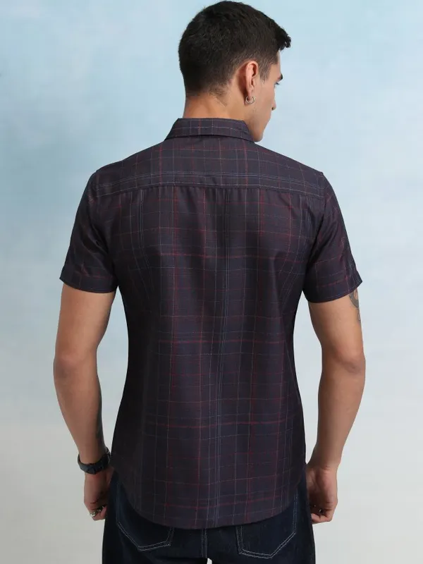 Highlander Men Navy Blue Checked Regular Fit Casual Shirt