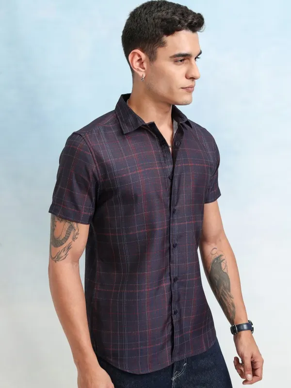 Highlander Men Navy Blue Checked Regular Fit Casual Shirt
