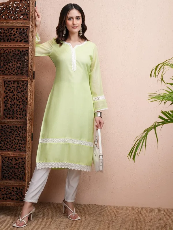 Vishudh Women Lime Green Embroidered Straight Kurta