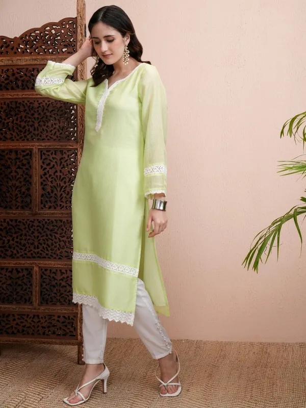 Vishudh Women Lime Green Embroidered Straight Kurta