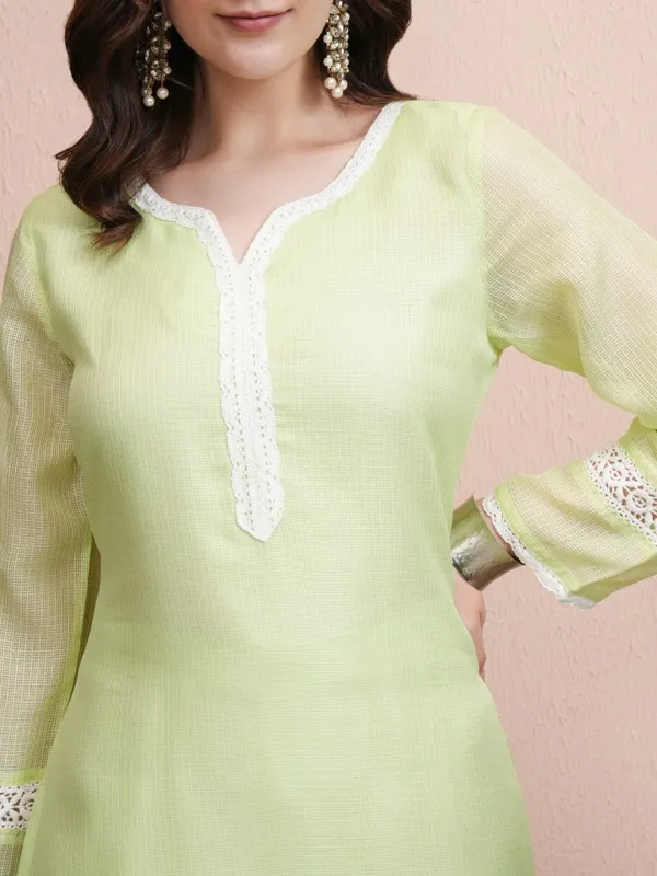 Vishudh Women Lime Green Embroidered Straight Kurta