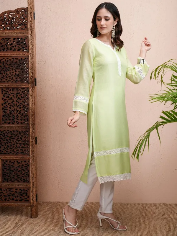 Vishudh Women Lime Green Embroidered Straight Kurta