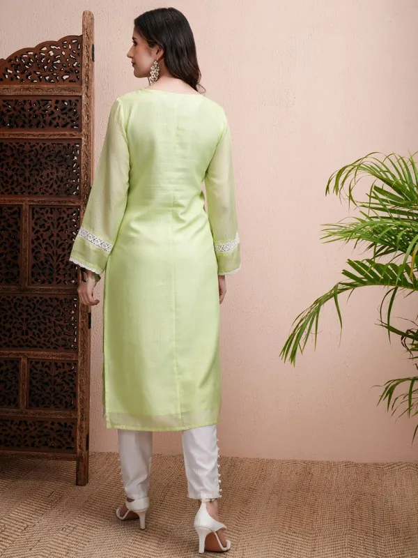 Vishudh Women Lime Green Embroidered Straight Kurta