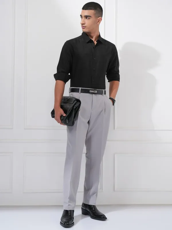 Highlander Men Black Textured Slim Fit Casual Shirt