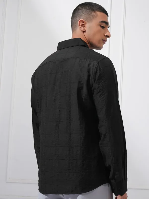 Highlander Men Black Textured Slim Fit Casual Shirt