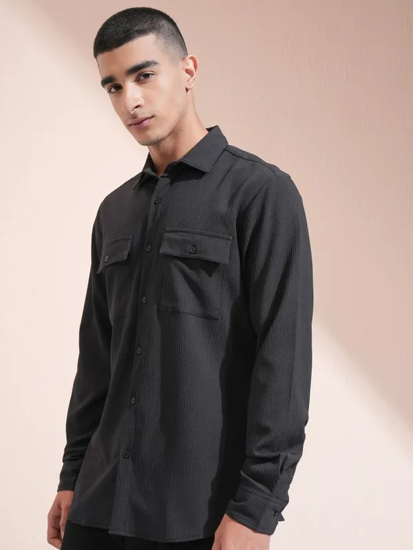 Highlander Men Black Textured Regular Fit Casual Shirt