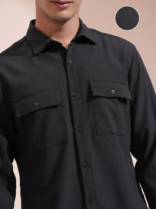 Highlander Men Black Textured Regular Fit Casual Shirt
