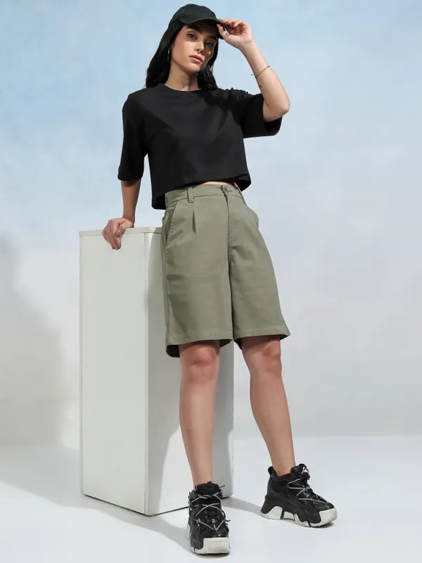 Tokyo Talkies Women Olive Regular Fit Chino Shorts