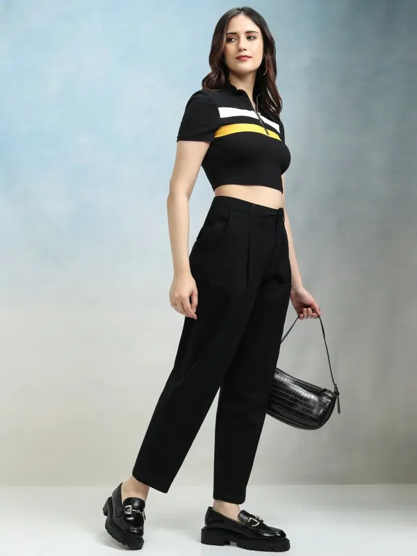 Tokyo Talkies Women Black Solid Regular Fit Casual Trouser
