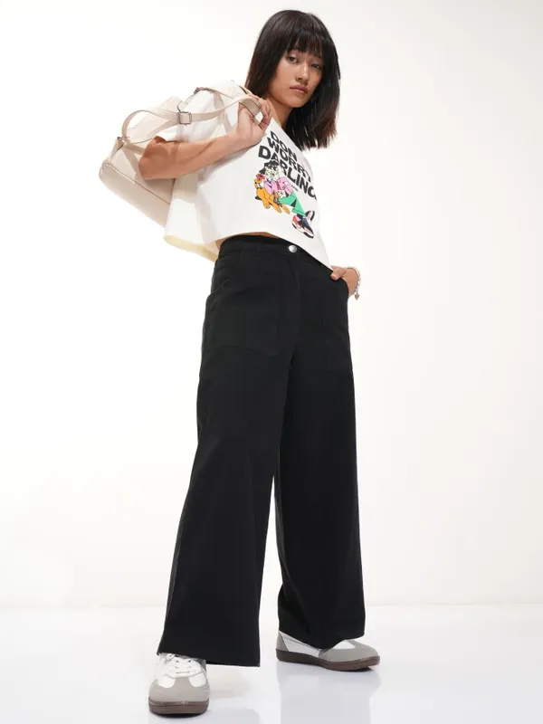 Tokyo Talkies Women Black Solid Flared Casual Trouser