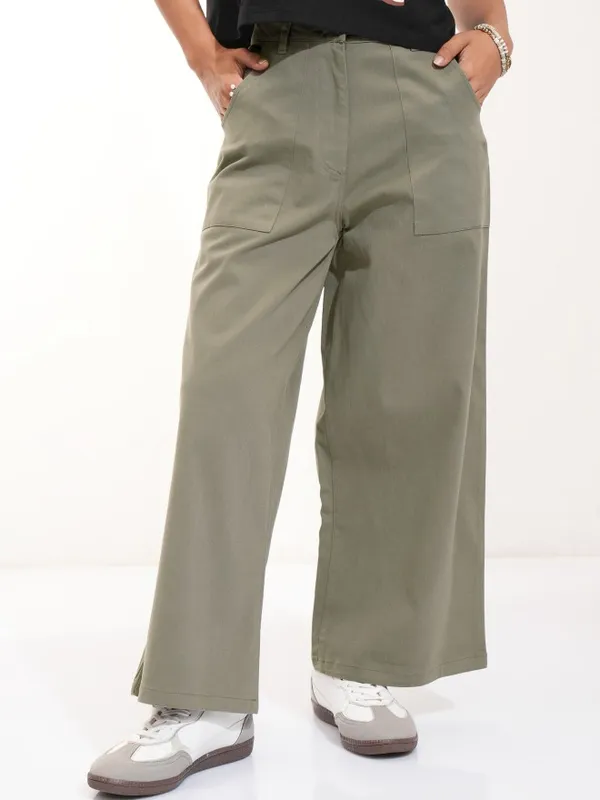 Tokyo Talkies Women Olive Solid Flared Casual Trouser