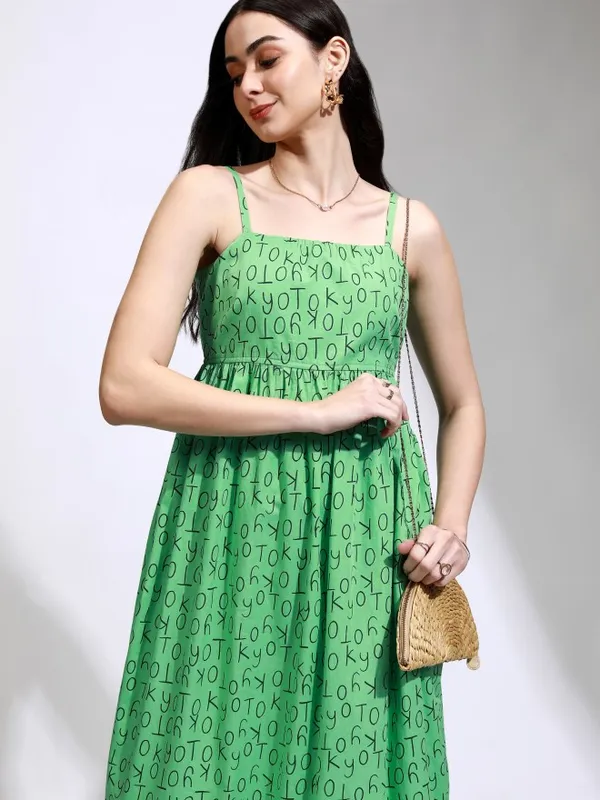 Tokyo Talkies Women Green Printed Fit And Flare Dress