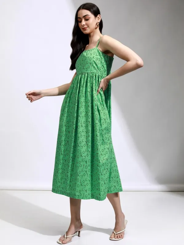 Tokyo Talkies Women Green Printed Fit And Flare Dress