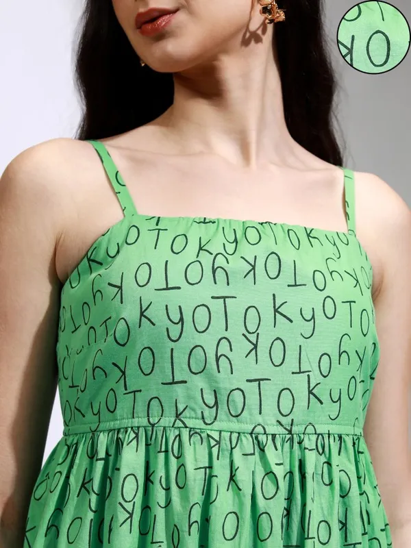 Tokyo Talkies Women Green Printed Fit And Flare Dress