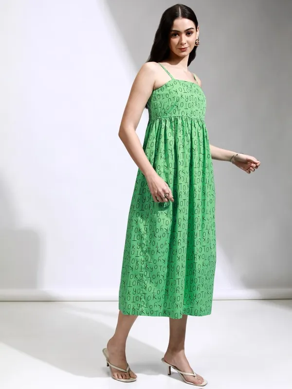 Tokyo Talkies Women Green Printed Fit And Flare Dress