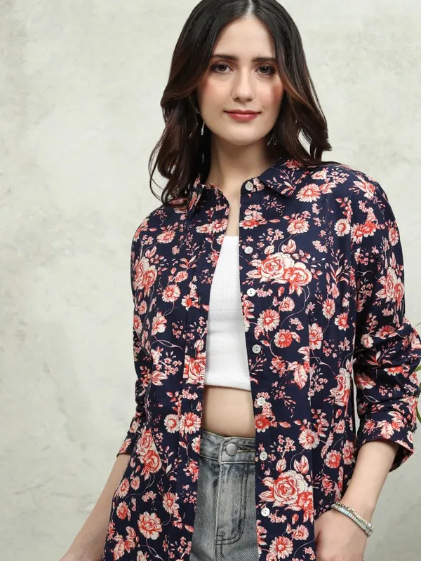 Tokyo Talkies Women Blue Printed Casual Shirt