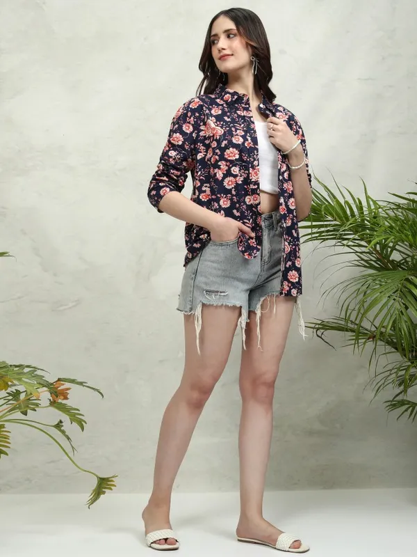 Tokyo Talkies Women Blue Printed Casual Shirt