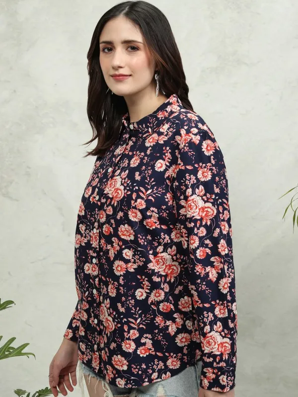 Tokyo Talkies Women Blue Printed Casual Shirt