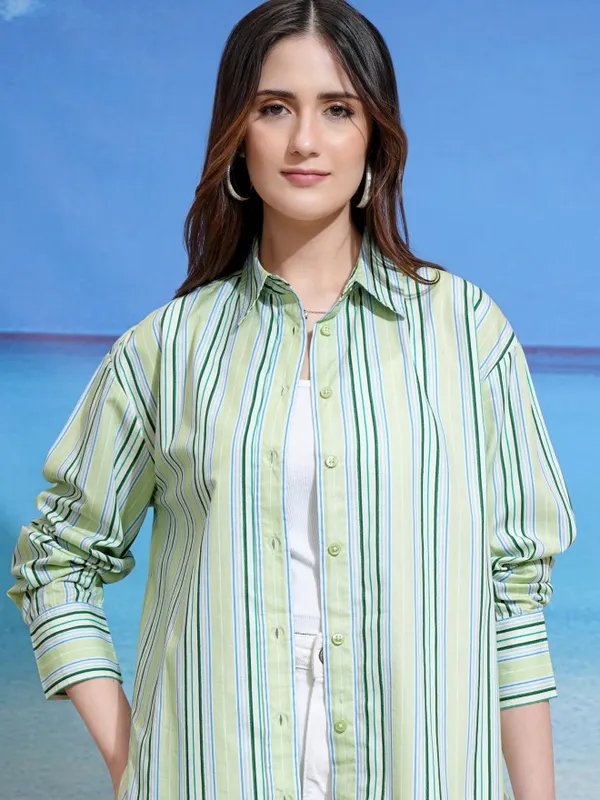 Tokyo Talkies Women Green Striped Casual Shirt