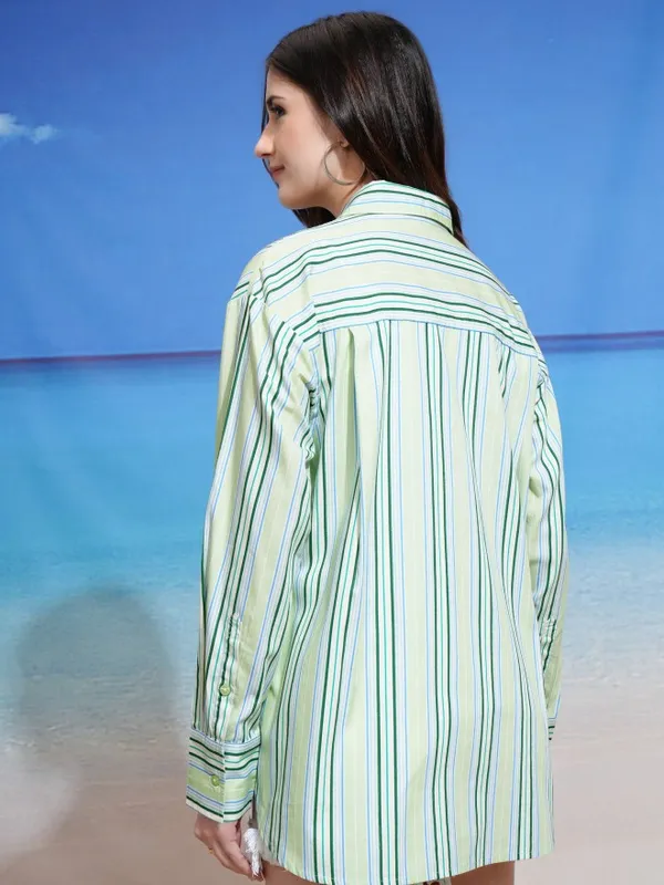Tokyo Talkies Women Green Striped Casual Shirt
