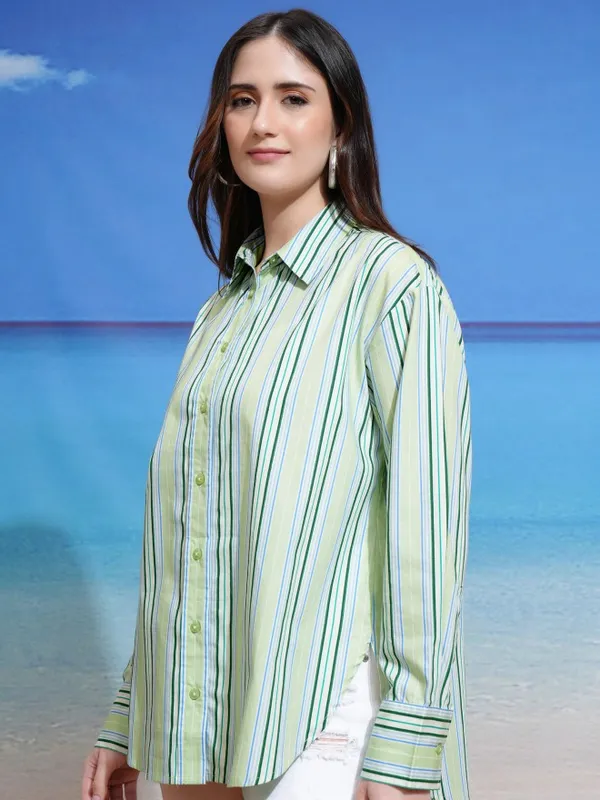 Tokyo Talkies Women Green Striped Casual Shirt