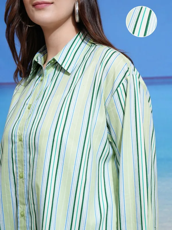 Tokyo Talkies Women Green Striped Casual Shirt
