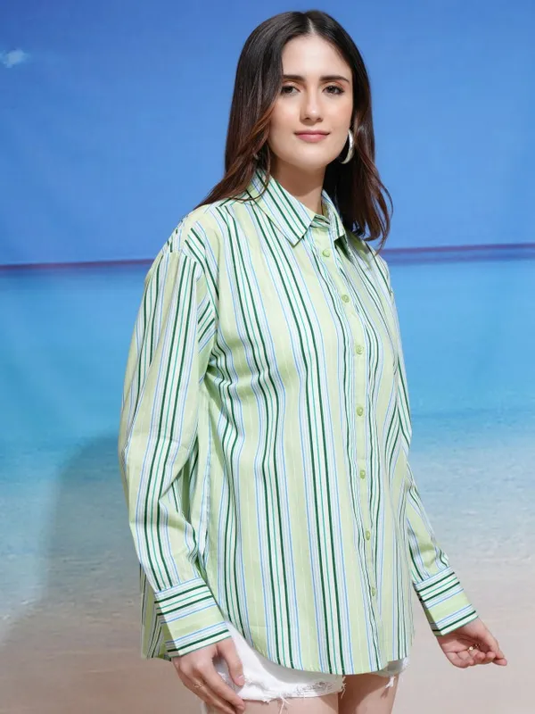 Tokyo Talkies Women Green Striped Casual Shirt