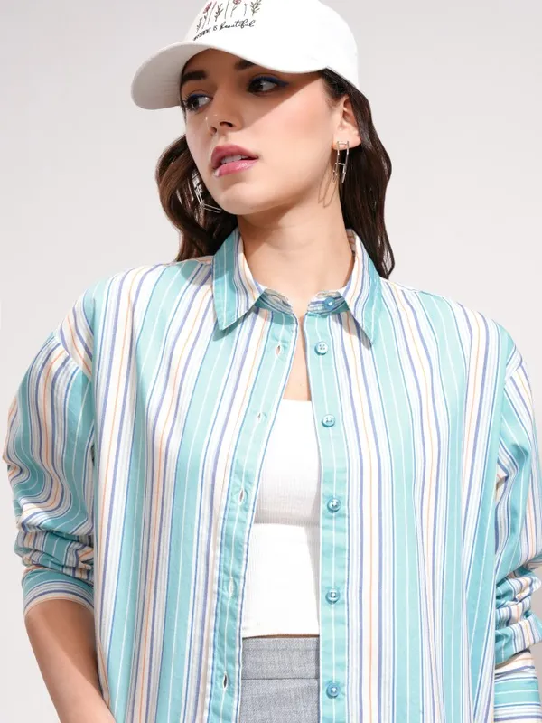 Tokyo Talkies Women Blue Striped Oversized Fit Casual Shirt
