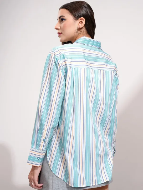 Tokyo Talkies Women Blue Striped Oversized Fit Casual Shirt