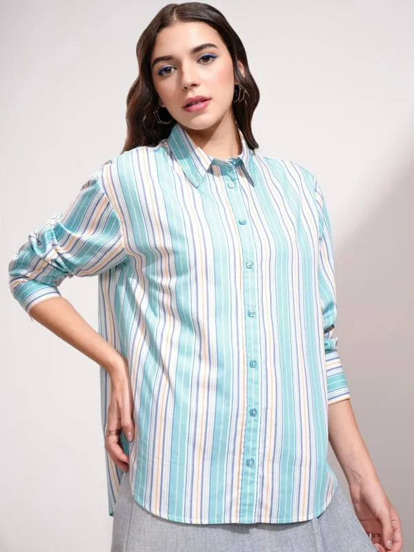 Tokyo Talkies Women Blue Striped Oversized Fit Casual Shirt