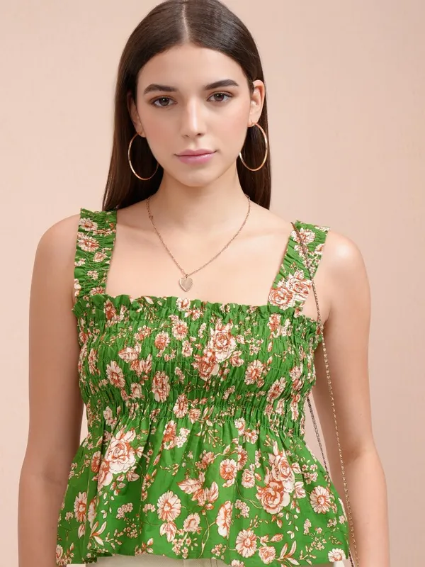 Tokyo Talkies Women Green Printed Peplum Top