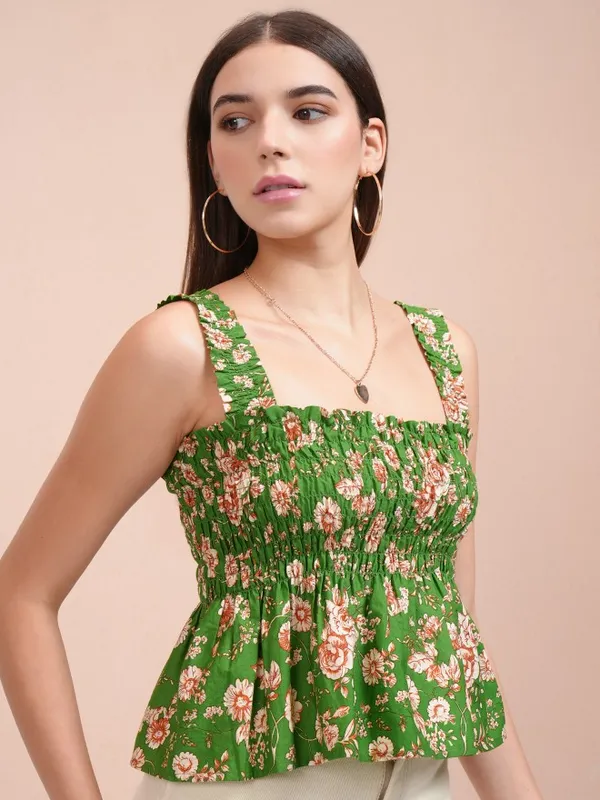 Tokyo Talkies Women Green Printed Peplum Top