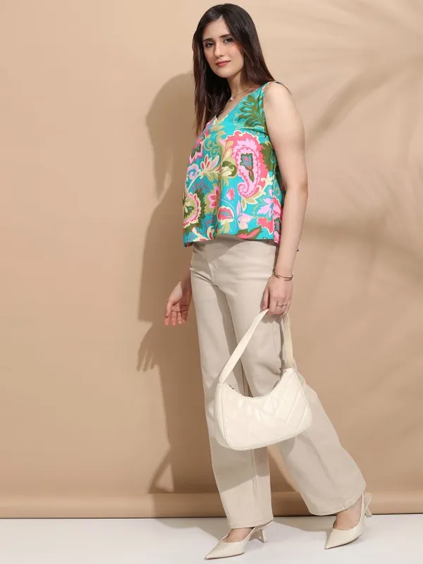 Tokyo Talkies Women Teal Printed Regular Top